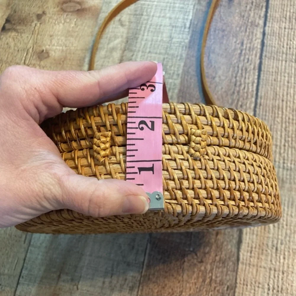 Handwoven Round Rattan Crossbody Bag Tropical Lining‎ Natural Boho Circle Purse